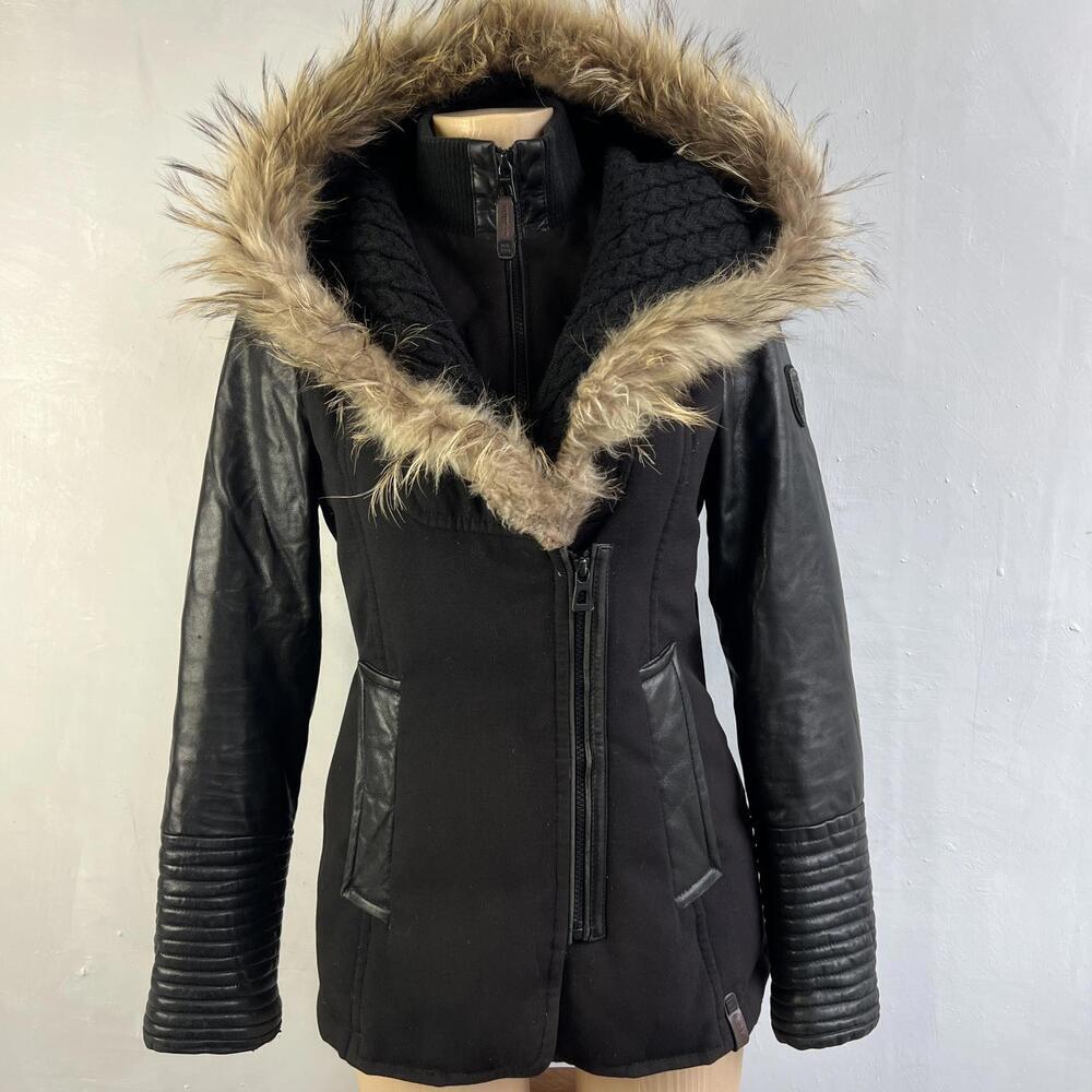 RUDSAK Women’s Black Hooded Winter Jacket XS Real Fur Trim Leather Sleeves Down